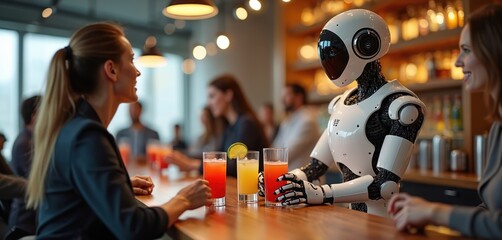 Advanced robot bartender serves colorful cocktails to customers in futuristic cafe. Humanoid robot, with sleek white chassis, black accents, offers drinks with precision. People enjoy beverages at