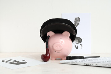 Piggy bank with smoking pipe, magnifier and palm print on white background
