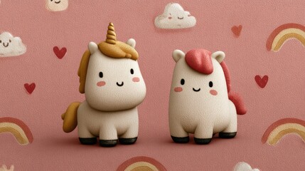 Two Cute Pastel Unicorns on Pink Sparkling Background
