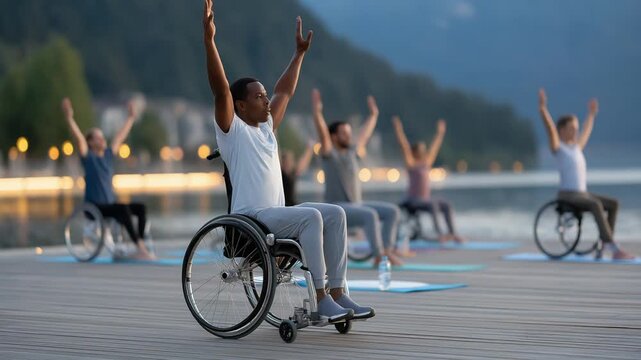 Join an inclusive lakeside yoga session designed for wheelchair users and diverse groups.