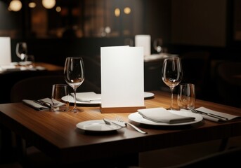 Elegant restaurant table setting with blank menu for customization or branding
