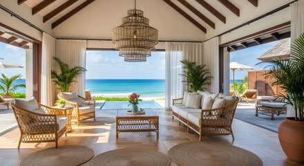 Fototapeta premium Luxury Tropical Villa Living Room with Panoramic Ocean View and Natural Rattan Decor, Beachfront Resort Interior
