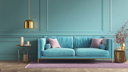 Stylish living room interior with teal walls, a velvet couch, gold accents, and decor