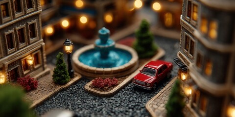 A detailed miniature scene showcasing a red car in a quaint town square with a fountain.