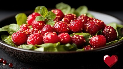 Delicious red berry salad with sesame seeds, fresh mint leaves, and spinach on a dark plate. Ideal for healthy life - related recipe blogs, food magazines, wellness social media posts