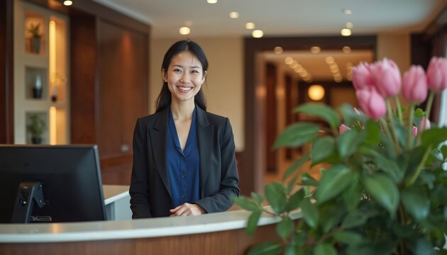 Friendly receptionist smiles warmly at front desk, assisting visitors with check-ins. Professional businesswoman offers welcoming service in a modern office lobby. Hospitality and customer care.