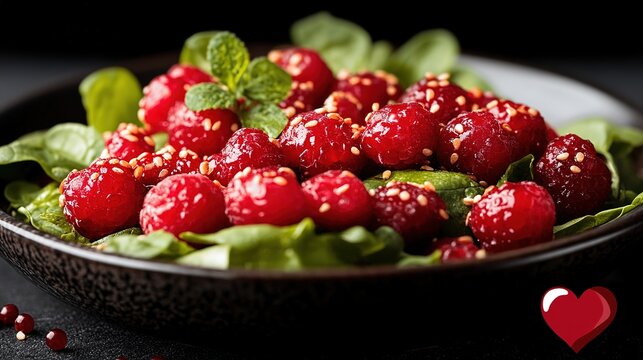 Delicious red berry salad with sesame seeds, fresh mint leaves, and spinach on a dark plate. Ideal for healthy life - related recipe blogs, food magazines, wellness social media posts