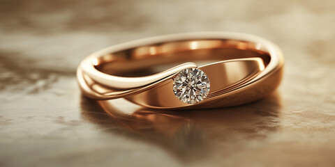 A shiny rose gold ring with a single, brilliant-cut diamond at its center as an elegant piece of jewelry