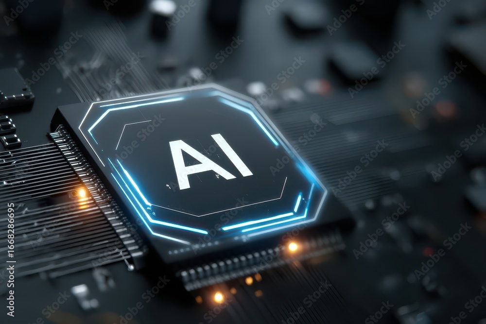 Poster advanced ai technology depicted on a futuristic microprocessor chip