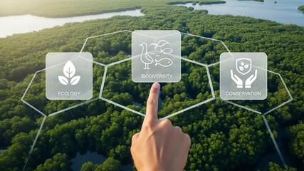 Aerial view of green forest with ecology biodiversity and conservation icons and pointing hand