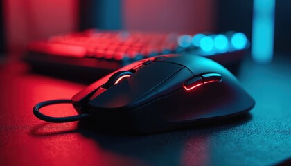 Ergonomic gaming mouse with precision control, customizable buttons, featured on illuminated desk surface. Modern computer accessory boasts sleek design, enhanced performance, dynamic RGB lighting