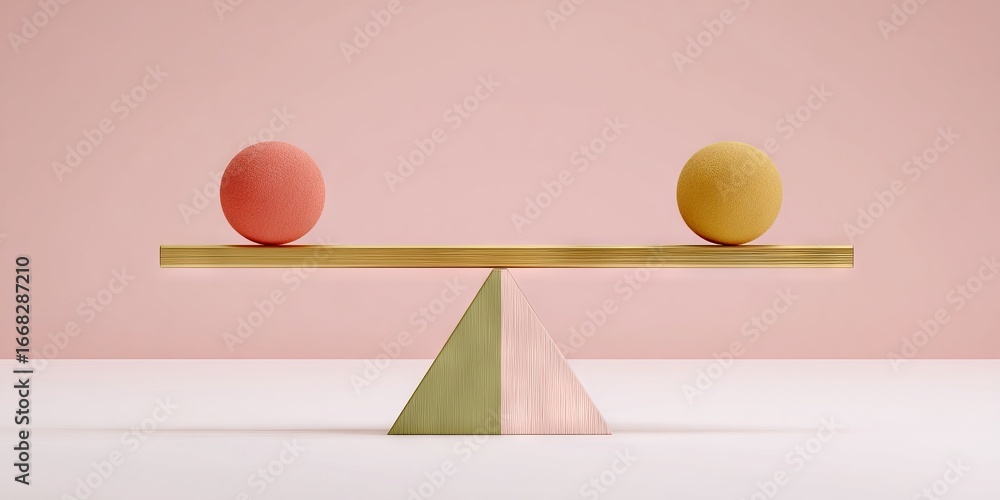 Aufkleber colorful spheres balanced on a wooden beam supported by a triangular base, creating a visually strik