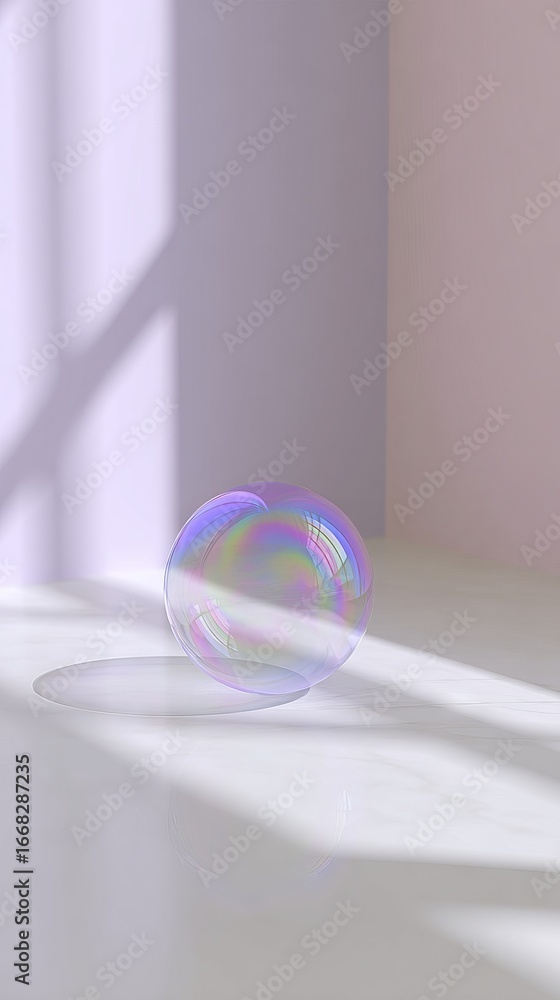 Poster transparent soap bubble resting on a smooth surface, illuminated by soft light, casting delicate ref