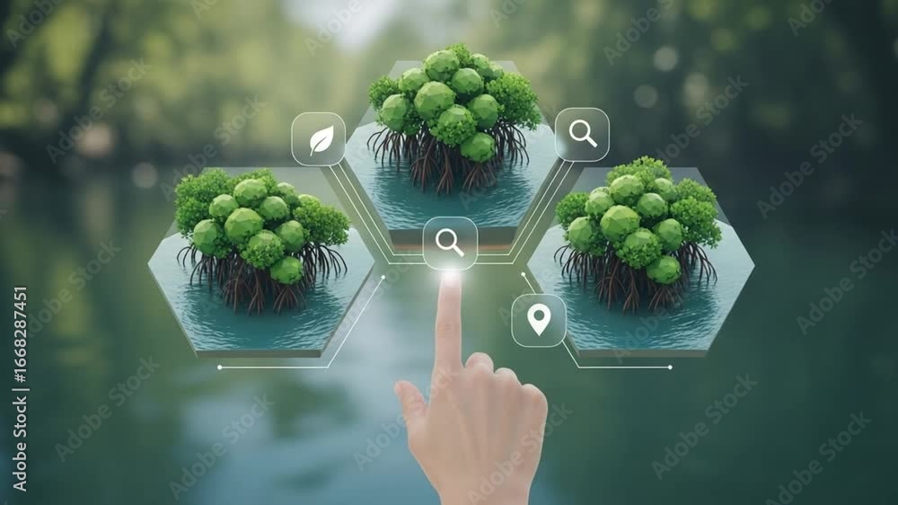Poster hand touching virtual interface with trees on hexagons over water in a blurred background view