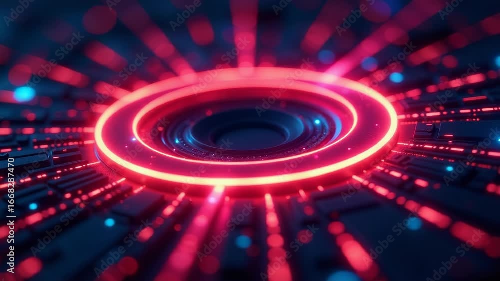 Poster a close-up of a circular object with red and blue led lights, suitable for use in technology or futu