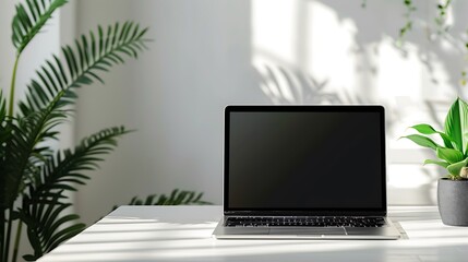 Fototapeta premium Laptop on a white desk with plants and sunlight, creating a clean and modern workspace isolated on white background