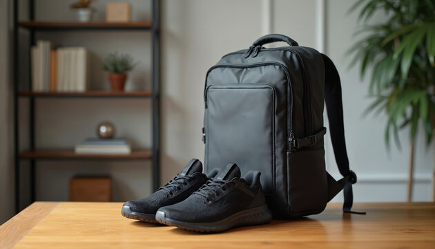 Modern black backpack, sports shoes placed on wooden table indoors. Versatile set combines style, utility for travel, gym, everyday use. Features durable material, comfortable footwear, organized