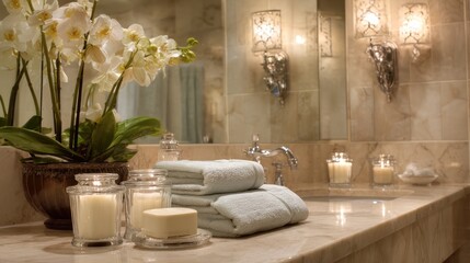 Elegant bathroom scene with orchids, candles, towels, and ornate sconces
