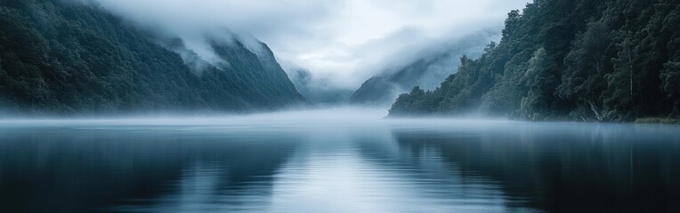 Misty Mountain Lake with Fog and Trees