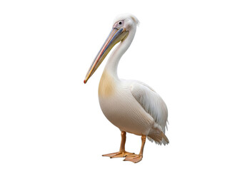 A graceful white pelican with a long beak stands elegantly isolated on transparent background