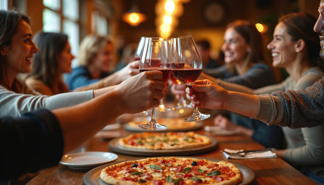 Friends enjoy red wine, pizza at restaurant dinner. People celebrate together, clinking glasses in toast at cozy eatery. Delicious food, casual conversation, shared moments define happy gathering.