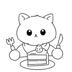 Cat eating cake cartoon vector line art outline illustration.