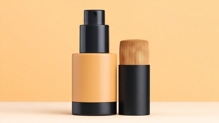 Obraz premium Cosmetic product display featuring a sleek foundation bottle and a brush, set against a soft pastel background, showcasing beauty and elegance in skincare essentials