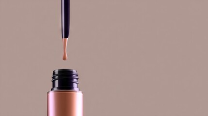Cosmetic foundation bottle with dropper, showcasing a single drop of liquid falling from the applicator, emphasizing beauty product details and elegance in a minimalist setting