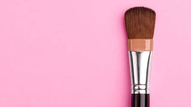 Makeup brush with soft bristles and a sleek handle resting on a vibrant pink background, showcasing beauty tools and cosmetics for makeup enthusiasts and professionals