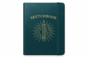 Teal sketchbook lying closed with golden pencil and artist palette, resting on transparent backdrop for design professionals