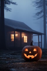 Obraz premium Glowing Halloween jack-o'-lantern with carved face illuminates spooky foggy forest scene, rustic wooden cabin in dark night, festive autumn decoration concept