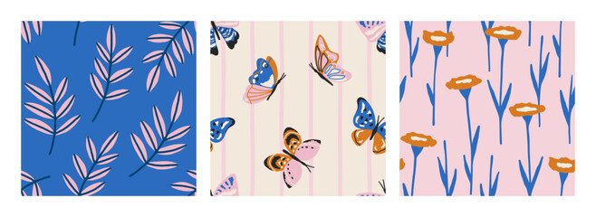 Hand drawn set of trendy seamless patterns with vibrant butterflies and floral elements. Whimsical abstract background for summer design, textile, wallpaper. Cute charming patterns
