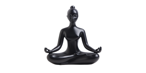 Artistic black figurine in lotus yoga position isolated on white transparent background