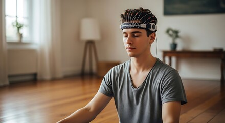 Person wearing a headband device sits in a meditative pose.