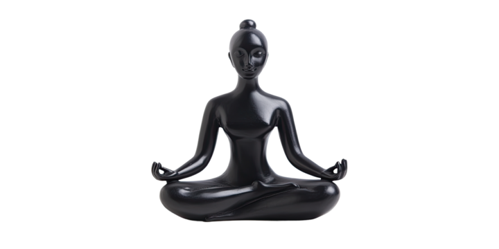 Artistic black figurine in lotus yoga position isolated on white transparent background