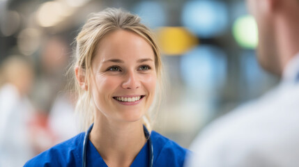 Junge Medizinstudentin arbeitet im Krankenhaus und spricht mit Arzt