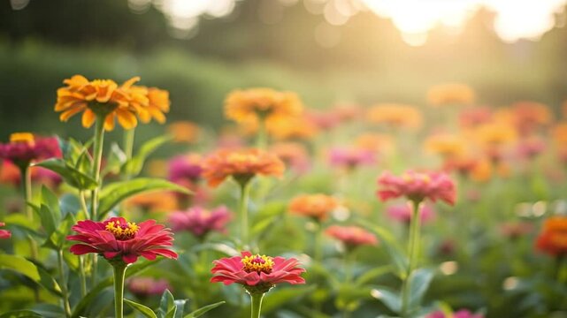 A garden scene of zinnias various colors under bright sunlight bokeh background