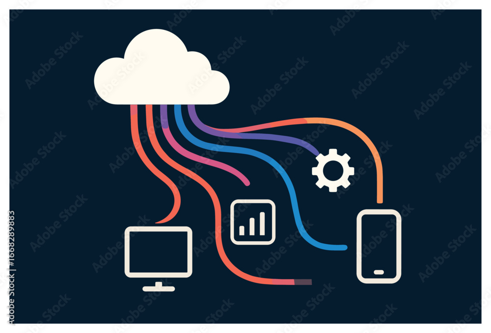 Aufkleber digital data streams vector: cloud computing, technology flow, network connectivity concept