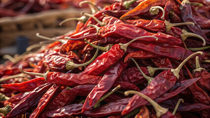 Fototapeta premium A vibrant pile of dried red chili peppers creates a spicy and flavorful still life
