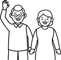 Happy Grandparents Waving Hand Illustration.