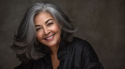 Fototapeta premium Elegant woman with silver hair smiles warmly, radiating confidence and grace in a studio portrait against a muted background.