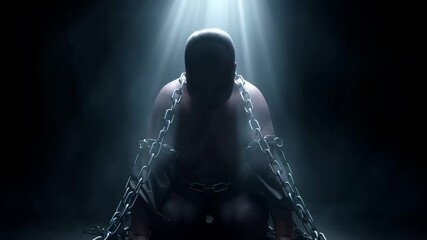 Solitary figure trapped in dramatic scene, body language expressing intense psychological confinement. Powerful visual narrative of personal struggle against invisible constraints