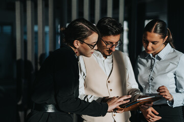 A group of business people closely examines a digital tablet screen, emphasizing teamwork and...