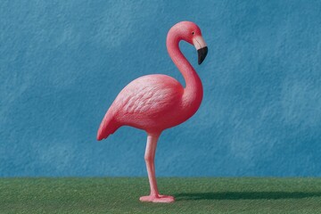 Plastic pink flamingo against blue and green background.