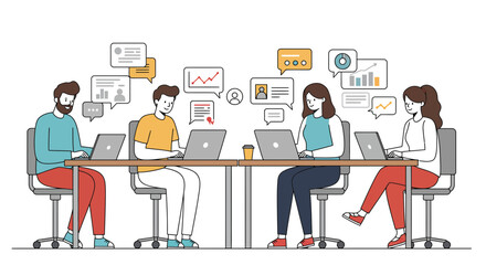 Dynamic team collaboration on laptops with data charts for modern business success in digital age