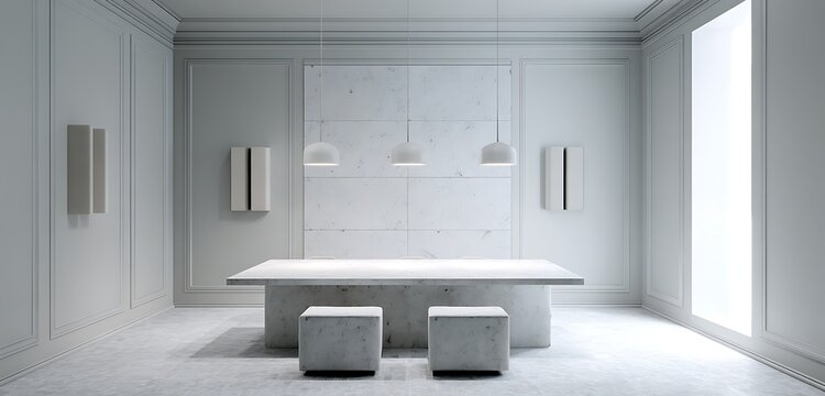 Elegant podcast suite with marble desk and sound diffusers