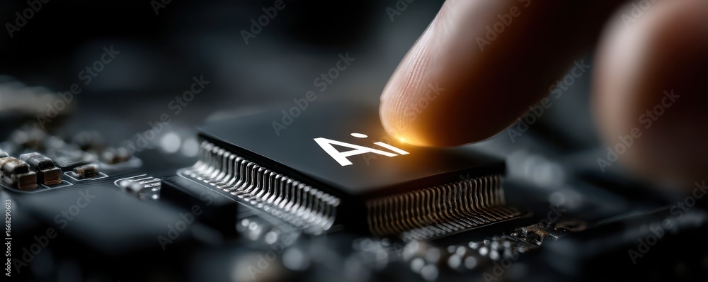 Poster futuristic hand touching an ai processor inside advanced digital electronics