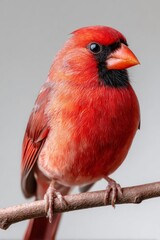 A red cardinal bird perched on a branch in a studio setting.