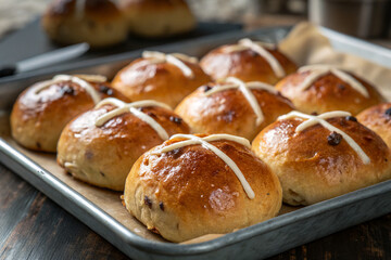 National Hot Cross Bun Day Poster with Fresh Baked Golden Sweet Buns on Solid Gradient Background
