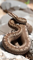 Obraz premium A close-up view of a coiled snake, displaying its intricate and patterned scales against a rocky backdrop.